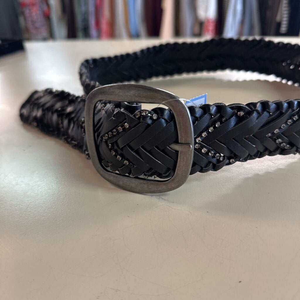 YMI Black Woven Leather Rhinestone Detail Belt Small