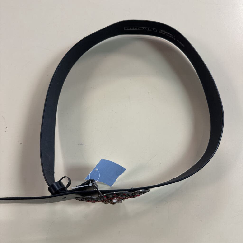 Perry Ellis Black Leather Beaded Medallion Buckle Belt Extra Large