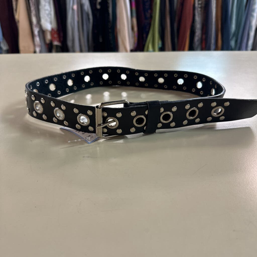 Black Leather/ Silver Studded Grommet Belt Small/ Medium
