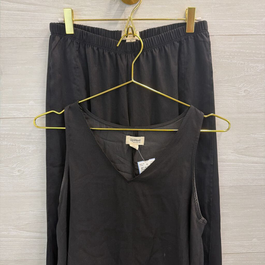 Up West Black Silky Tank Top/ Side Slit Wide Leg Pants Set Small