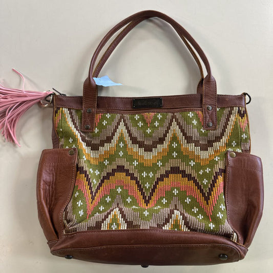 Nena and Co Brown Leather/ Multi Color Woven Artisan Panel Convertible Strap Purse