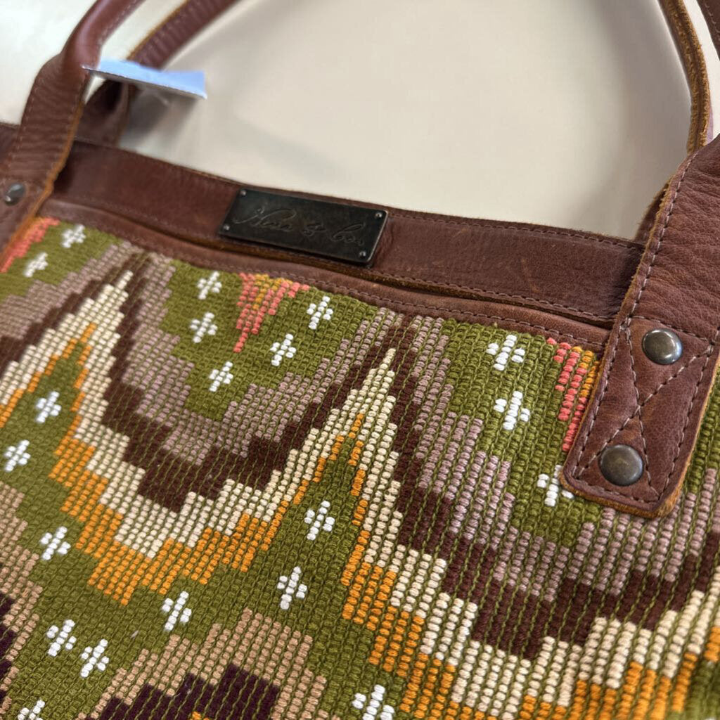 Nena and Co Brown Leather/ Multi Color Woven Artisan Panel Convertible Strap Purse