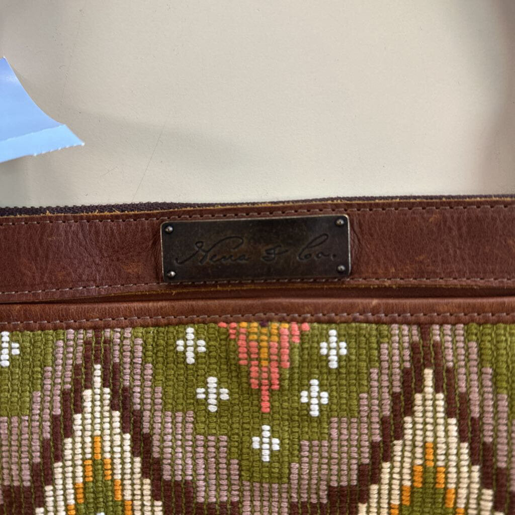 Nena and Co Brown Leather/ Multi Color Woven Artisan Panel Convertible Strap Purse