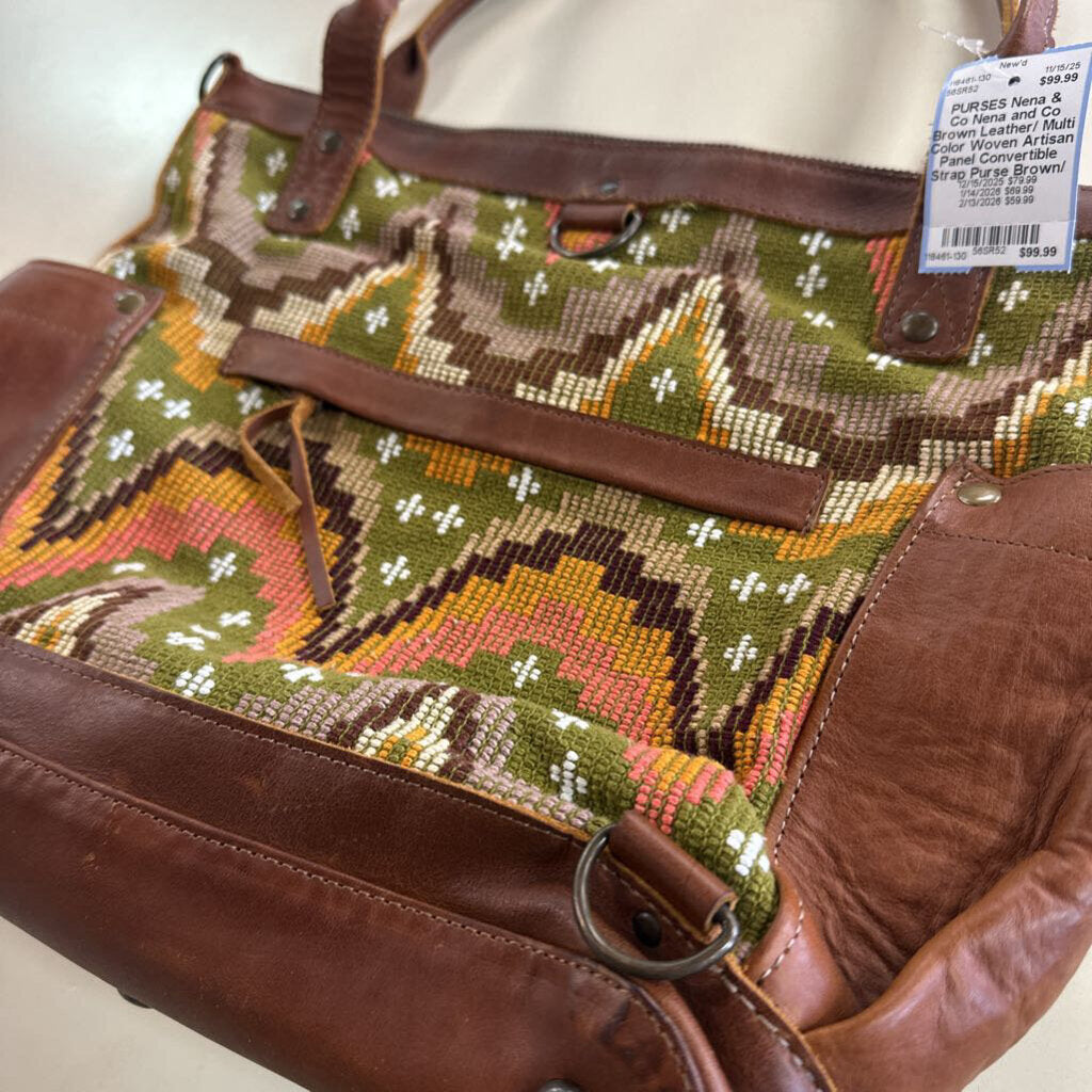 Nena and Co Brown Leather/ Multi Color Woven Artisan Panel Convertible Strap Purse