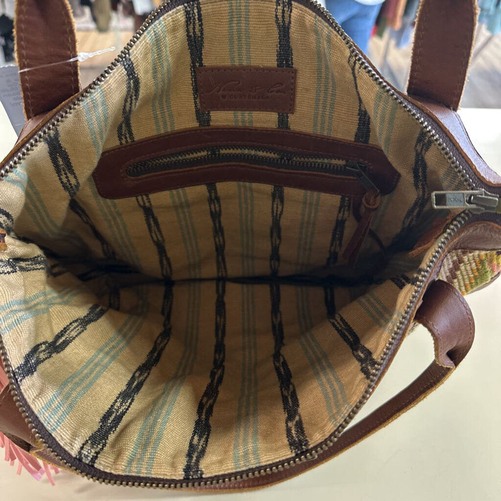 Nena and Co Brown Leather/ Multi Color Woven Artisan Panel Convertible Strap Purse