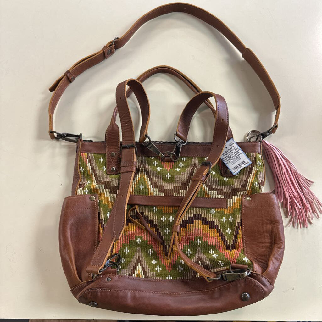 Nena and Co Brown Leather/ Multi Color Woven Artisan Panel Convertible Strap Purse