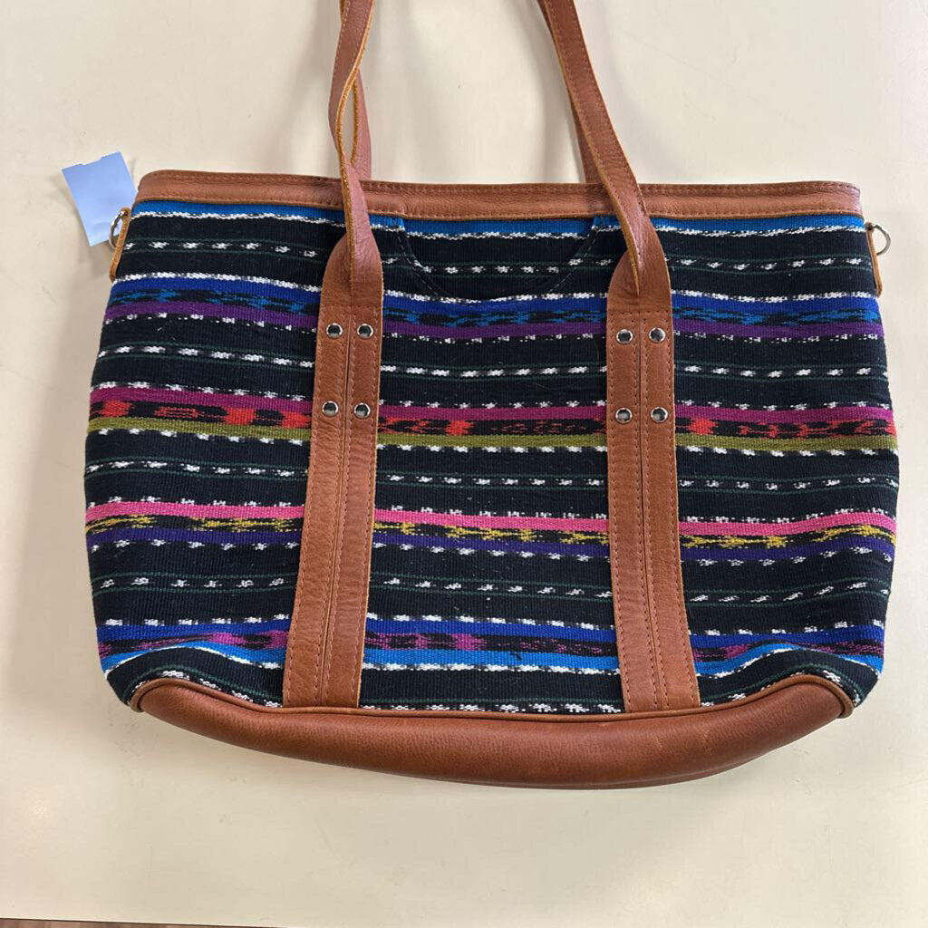 Nena and Co Brown Leather/ Black/ Multi Color Woven Artisan Panel Large Tote Purse