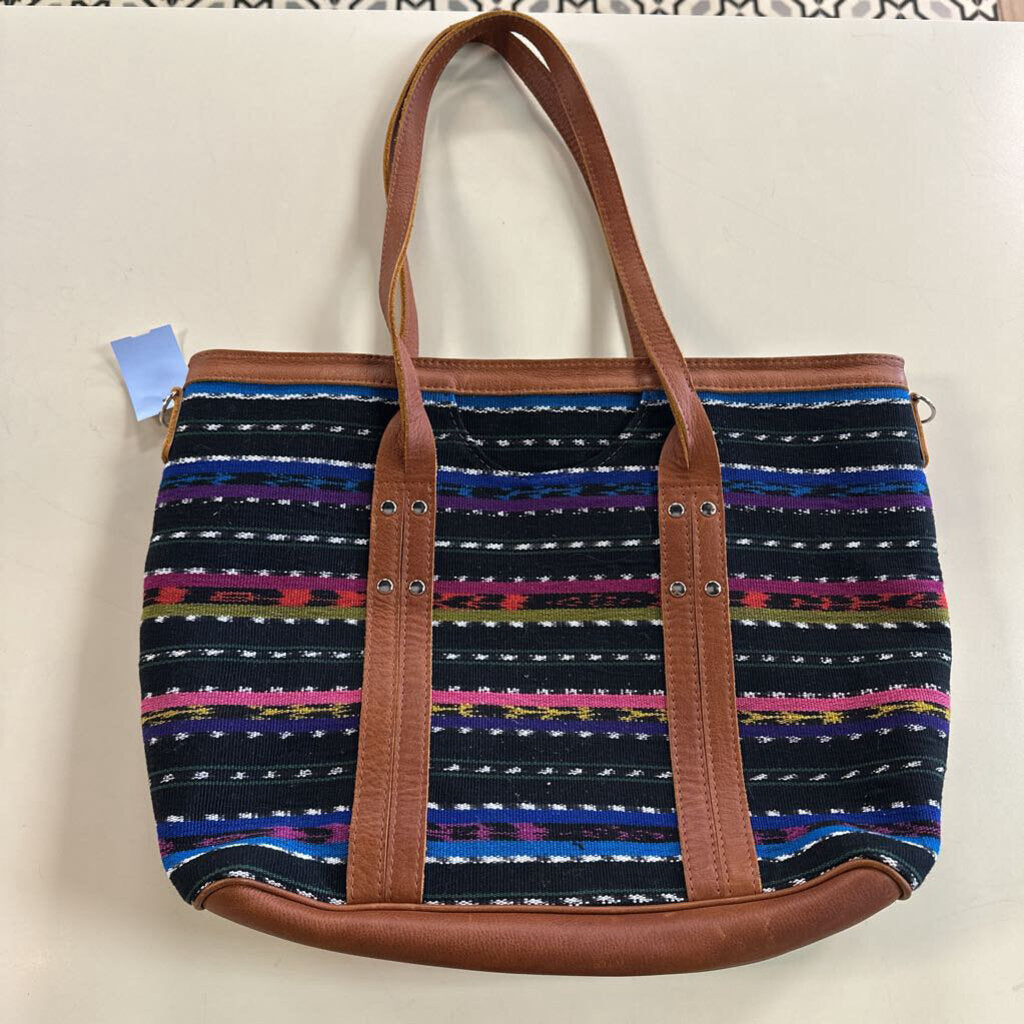 Nena and Co Brown Leather/ Black/ Multi Color Woven Artisan Panel Large Tote Purse