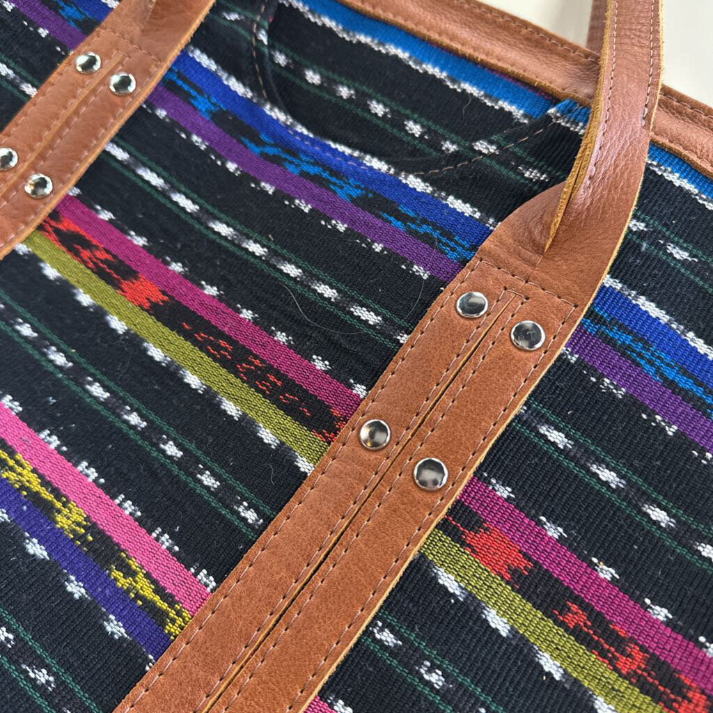 Nena and Co Brown Leather/ Black/ Multi Color Woven Artisan Panel Large Tote Purse