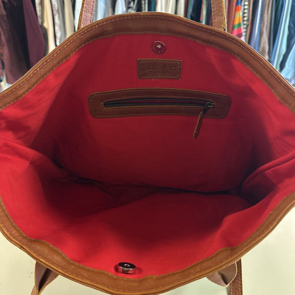 Nena and Co Brown Leather/ Black/ Multi Color Woven Artisan Panel Large Tote Purse