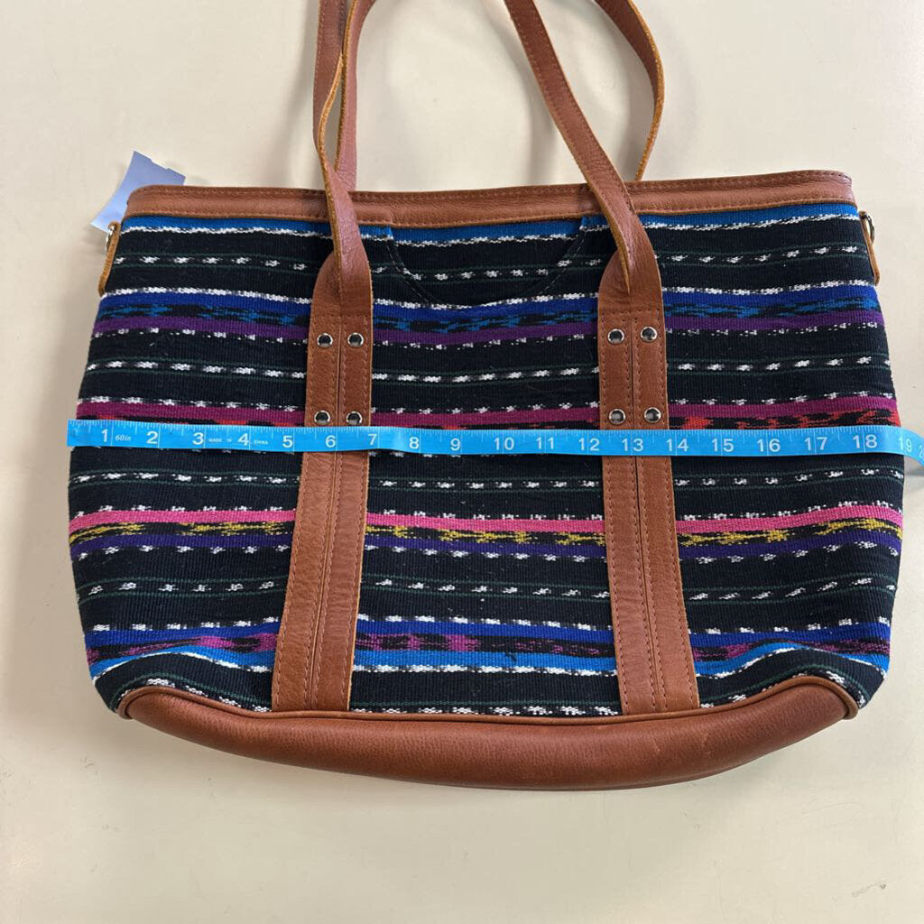 Nena and Co Brown Leather/ Black/ Multi Color Woven Artisan Panel Large Tote Purse