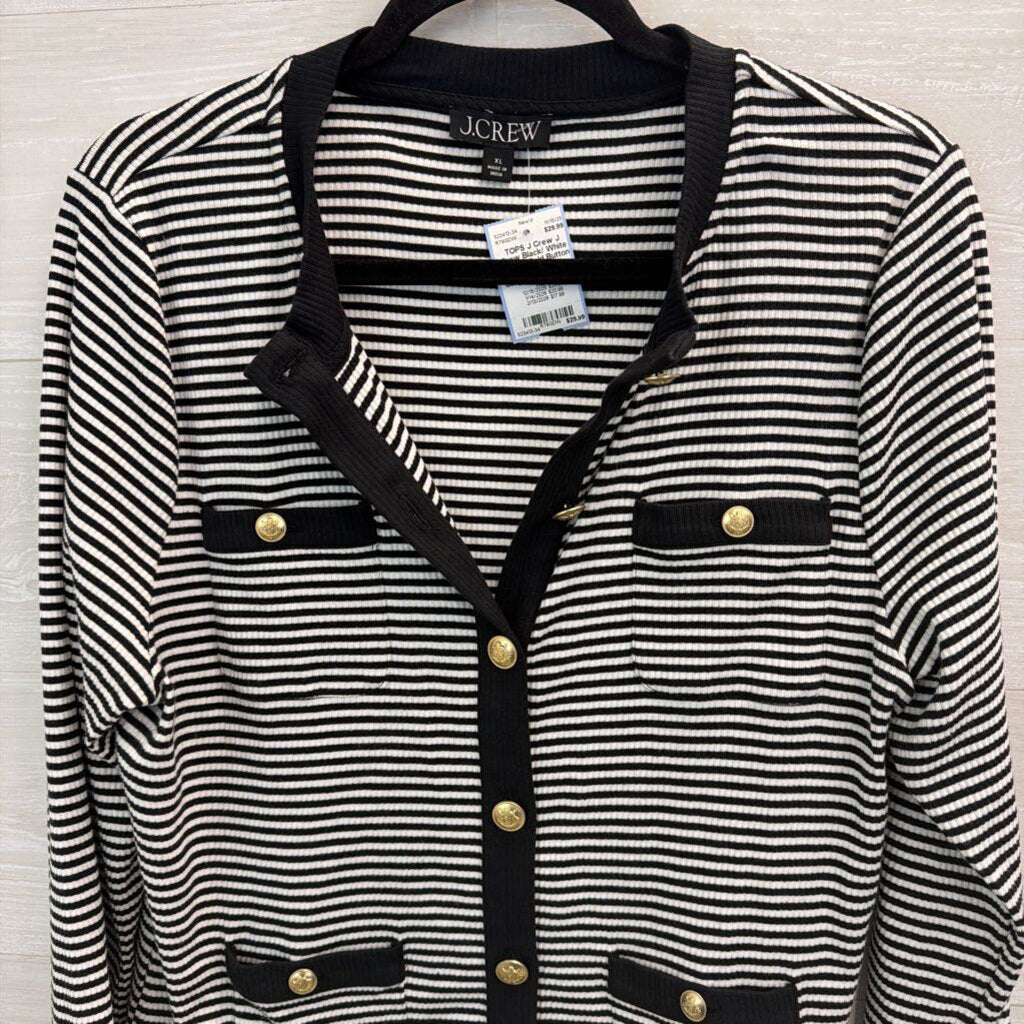 J Crew Black/ White Striped Gold Button Front Top Extra Large