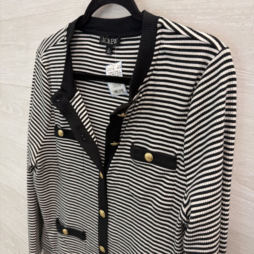 J Crew Black/ White Striped Gold Button Front Top Extra Large