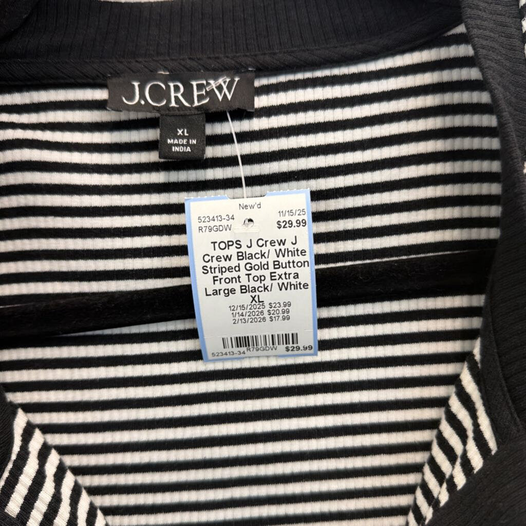 J Crew Black/ White Striped Gold Button Front Top Extra Large