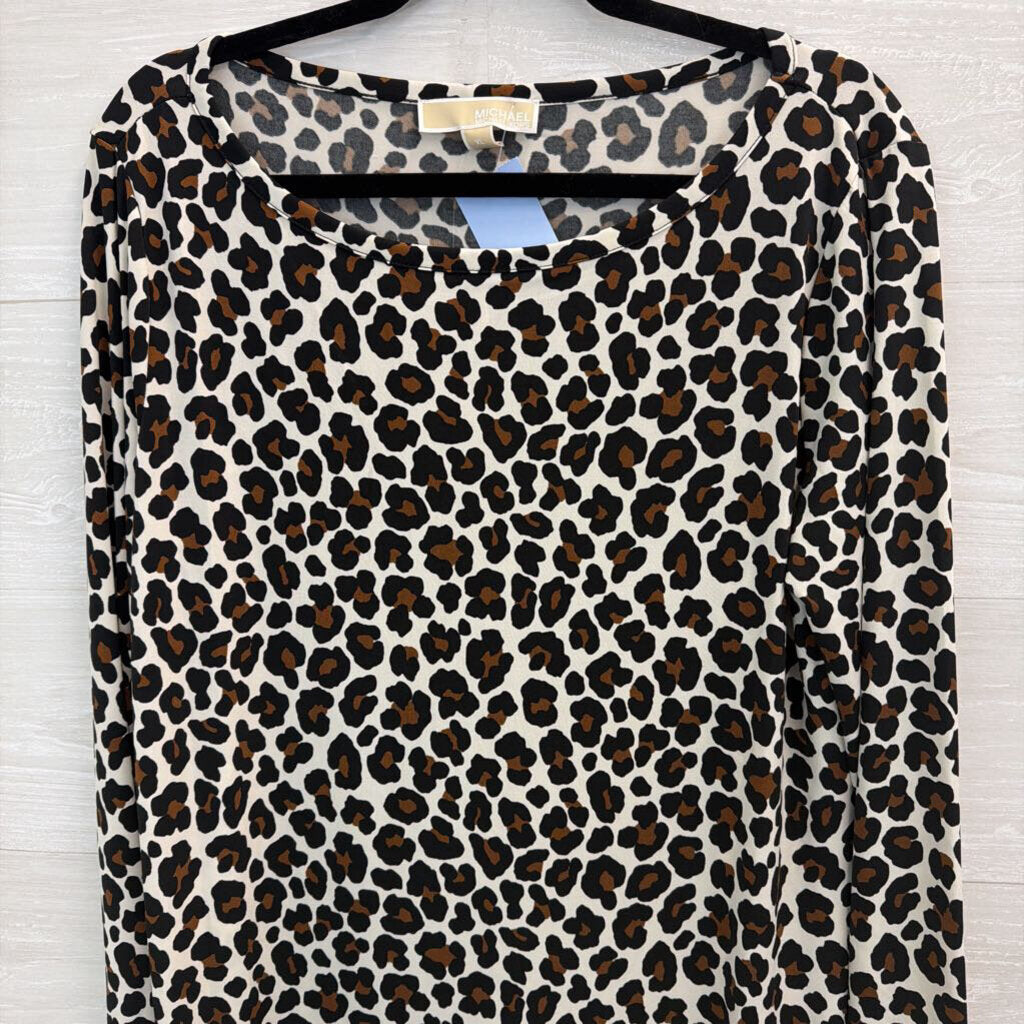 Michael Kors Brown/ Black/ Cream Leopard Print Long Sleeve Dress Extra Large