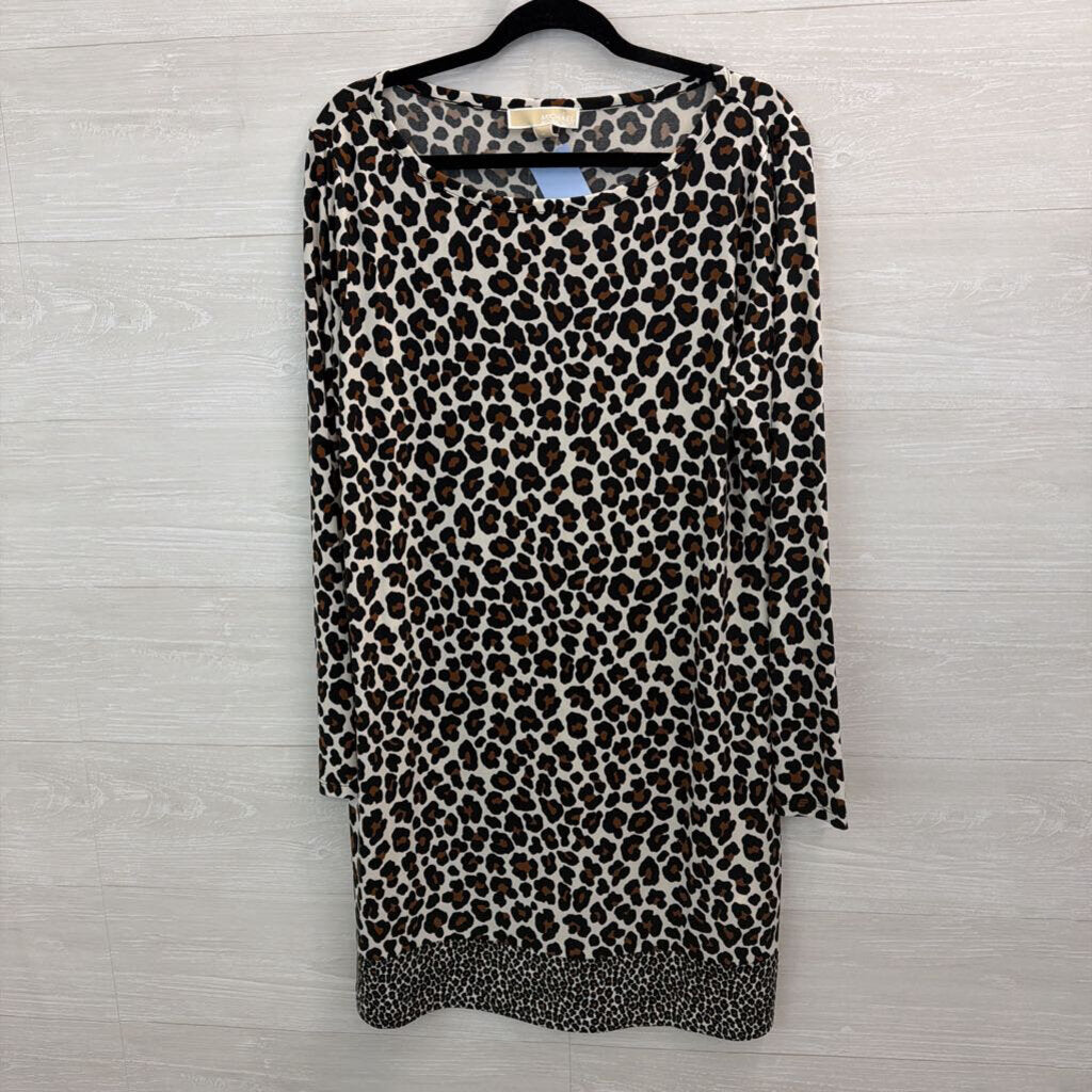 Michael Kors Brown/ Black/ Cream Leopard Print Long Sleeve Dress Extra Large
