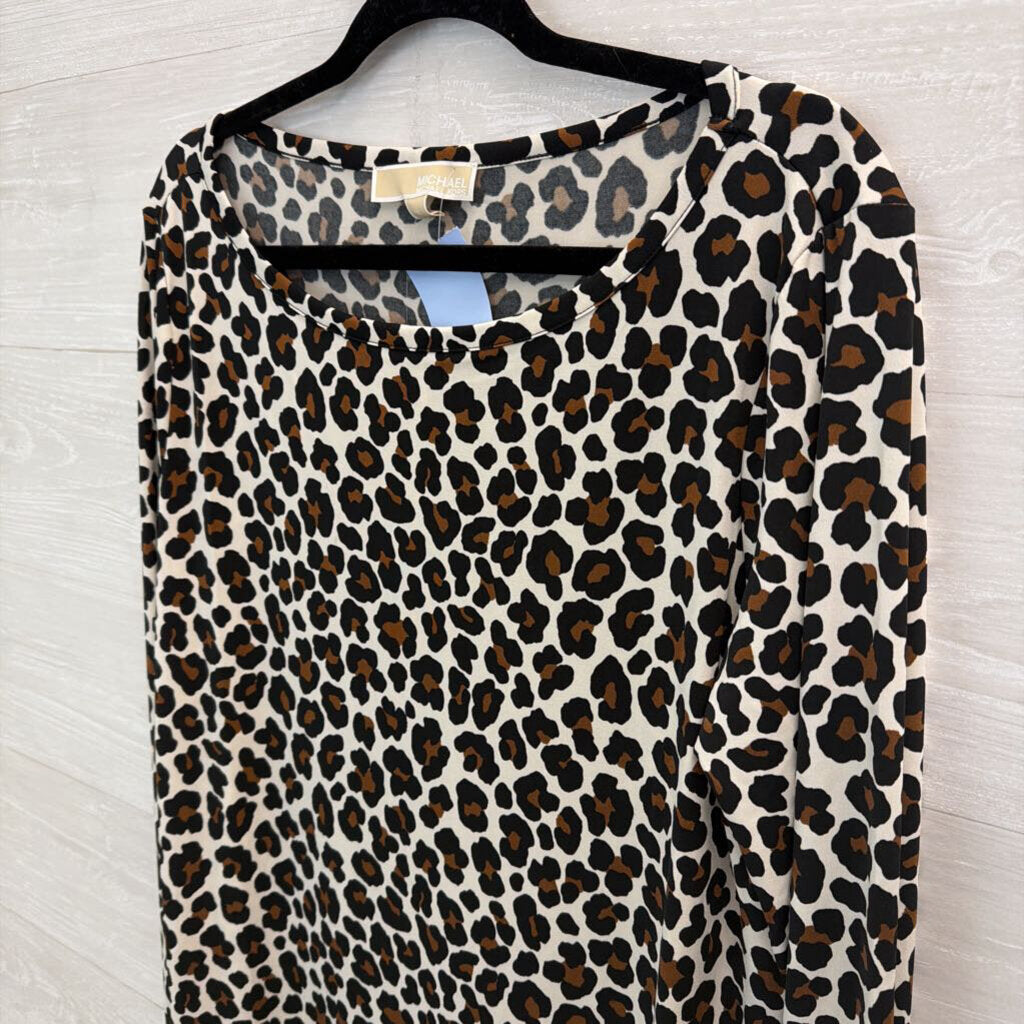 Michael Kors Brown/ Black/ Cream Leopard Print Long Sleeve Dress Extra Large