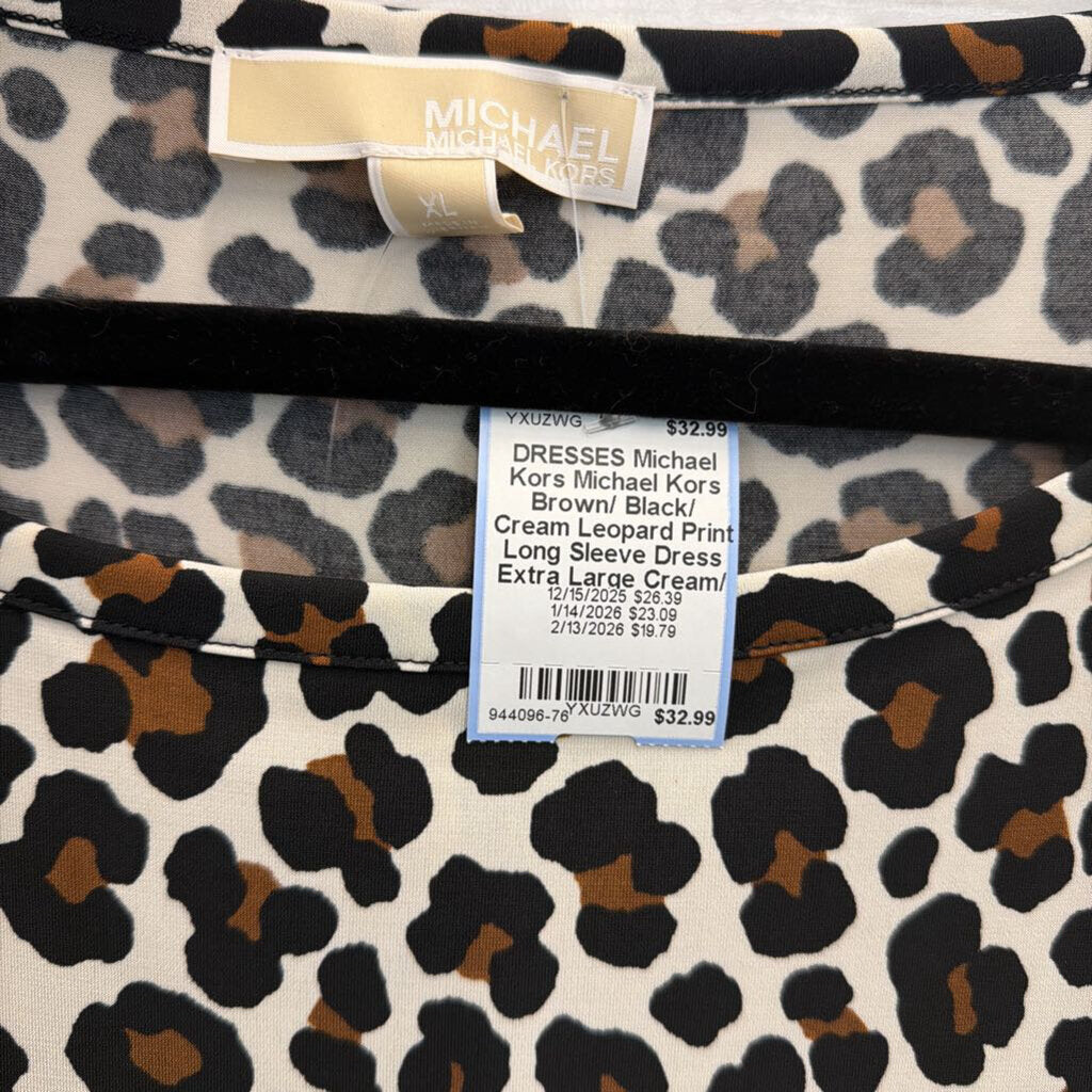 Michael Kors Brown/ Black/ Cream Leopard Print Long Sleeve Dress Extra Large