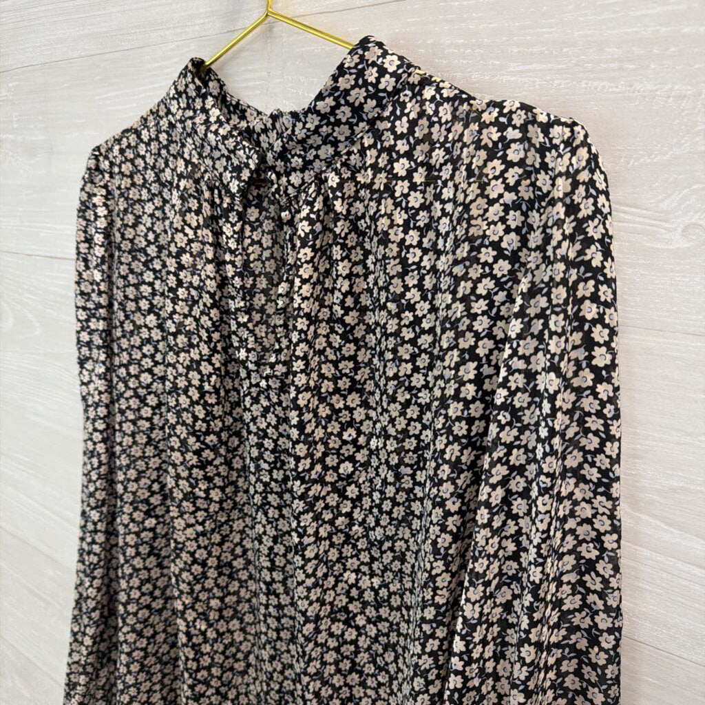 H&M Black/ White Flower Print Mock Neck Long Sleeve Top Extra Large
