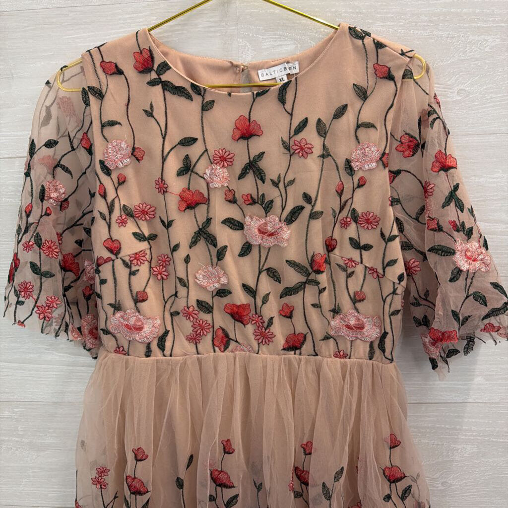 Baltic Born Pink/ Red Embroidered Flower Short Sleeve Dress Extra Large