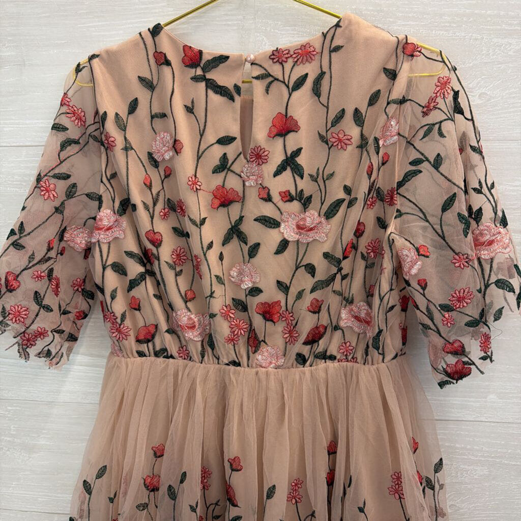 Baltic Born Pink/ Red Embroidered Flower Short Sleeve Dress Extra Large