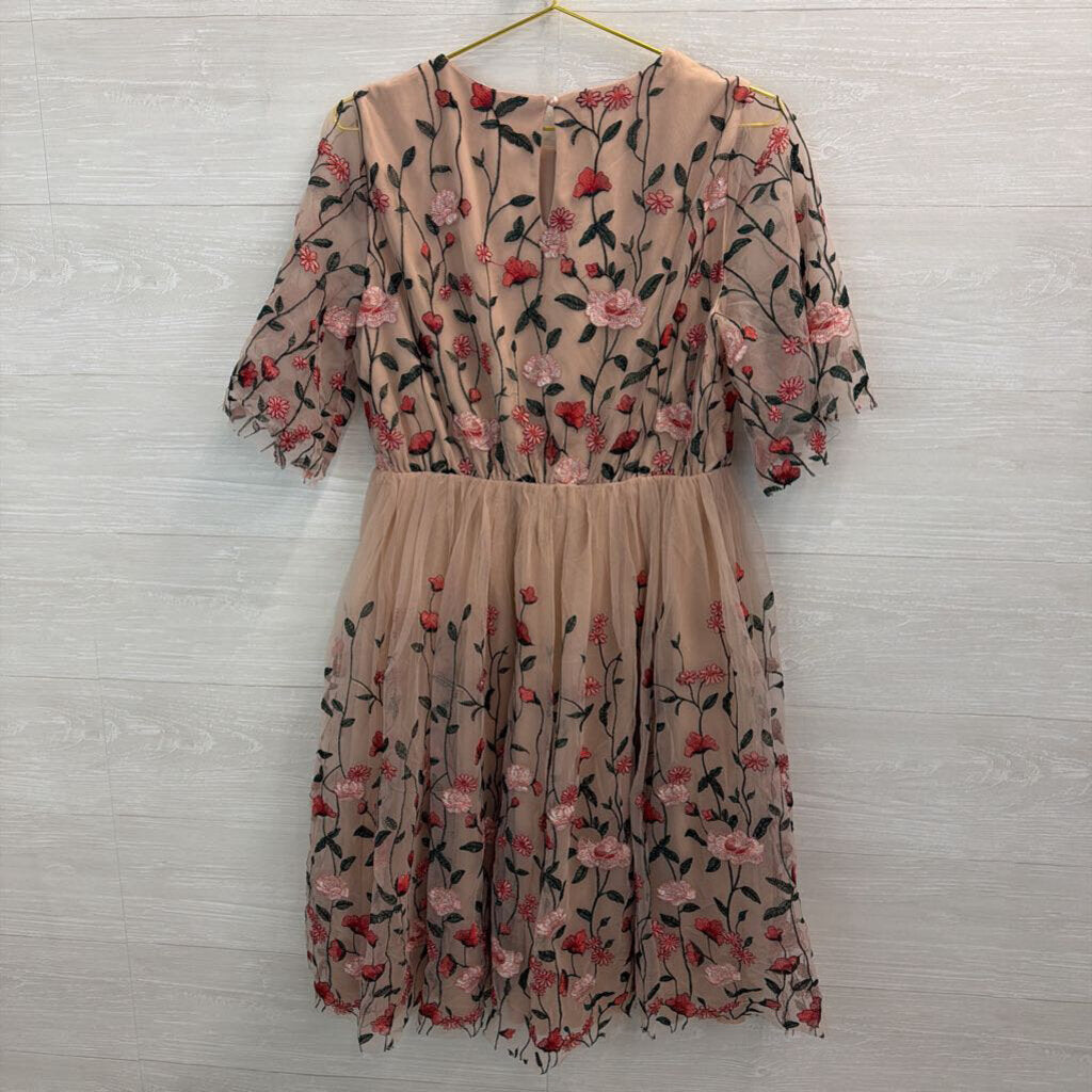 Baltic Born Pink/ Red Embroidered Flower Short Sleeve Dress Extra Large