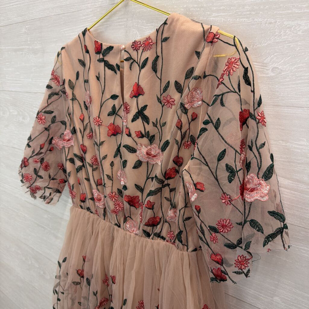 Baltic Born Pink/ Red Embroidered Flower Short Sleeve Dress Extra Large