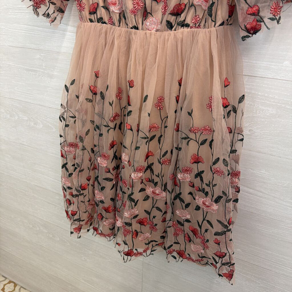 Baltic Born Pink/ Red Embroidered Flower Short Sleeve Dress Extra Large