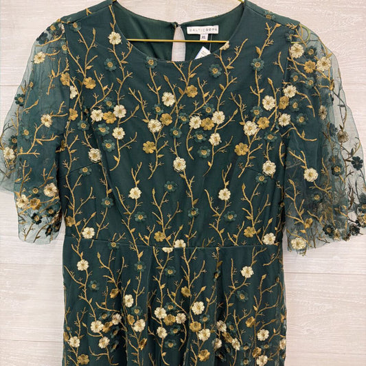 Baltic Born Green/ Gold Embroidered Flower Short Sleeve Maxi Dress Extra Large