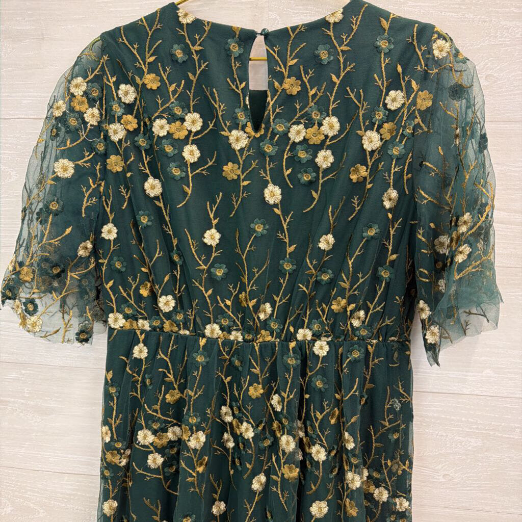 Baltic Born Green/ Gold Embroidered Flower Short Sleeve Maxi Dress Extra Large