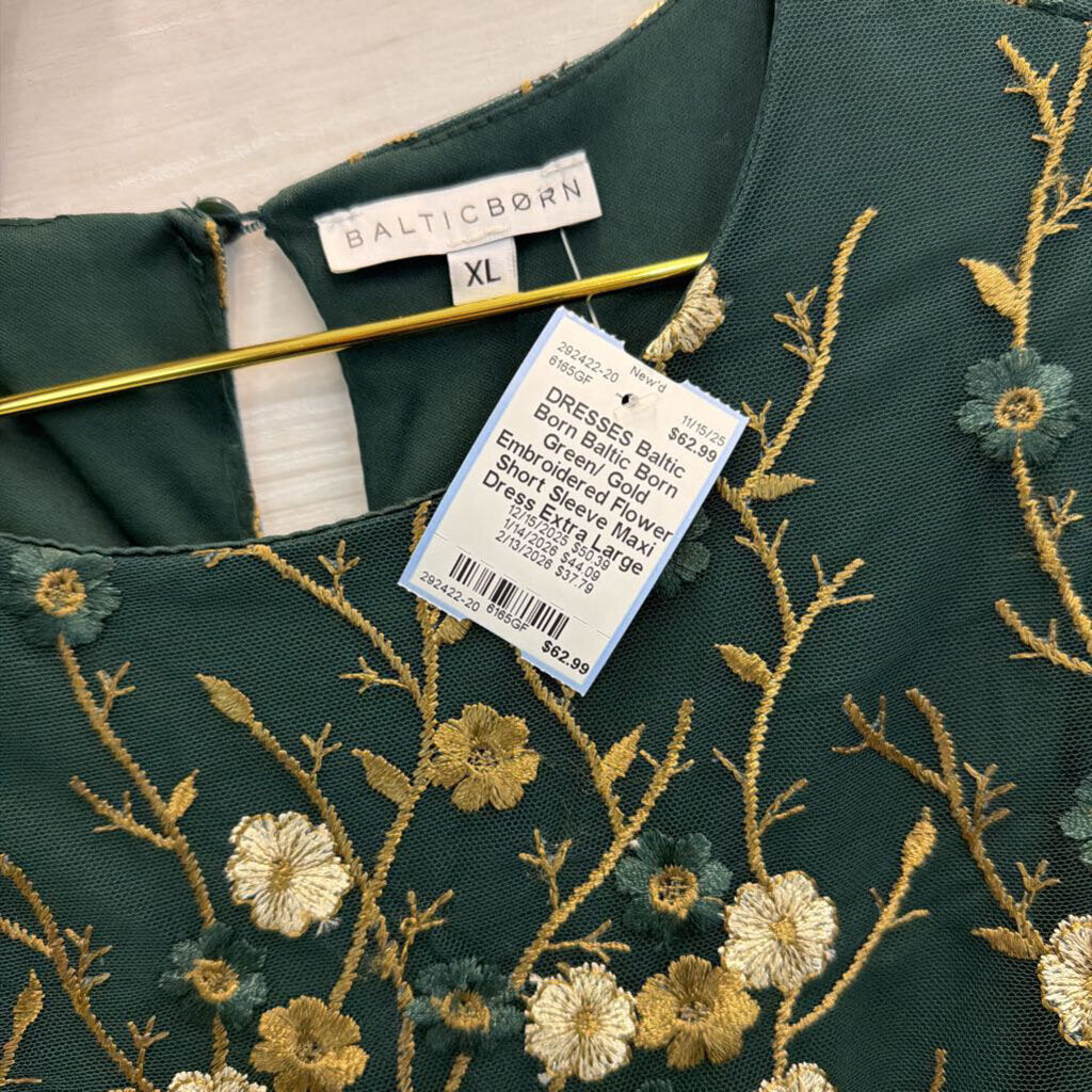 Baltic Born Green/ Gold Embroidered Flower Short Sleeve Maxi Dress Extra Large