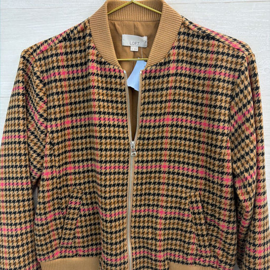 Loft Brown/ Pink Houndstooth Zip Up Bomber Jacket Extra Small