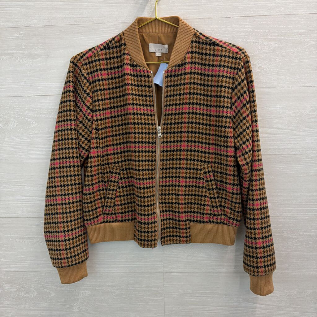 Loft Brown/ Pink Houndstooth Zip Up Bomber Jacket Extra Small