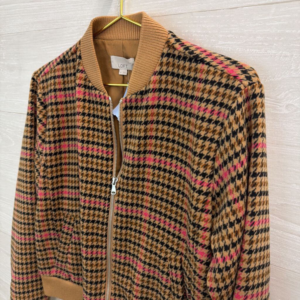 Loft Brown/ Pink Houndstooth Zip Up Bomber Jacket Extra Small