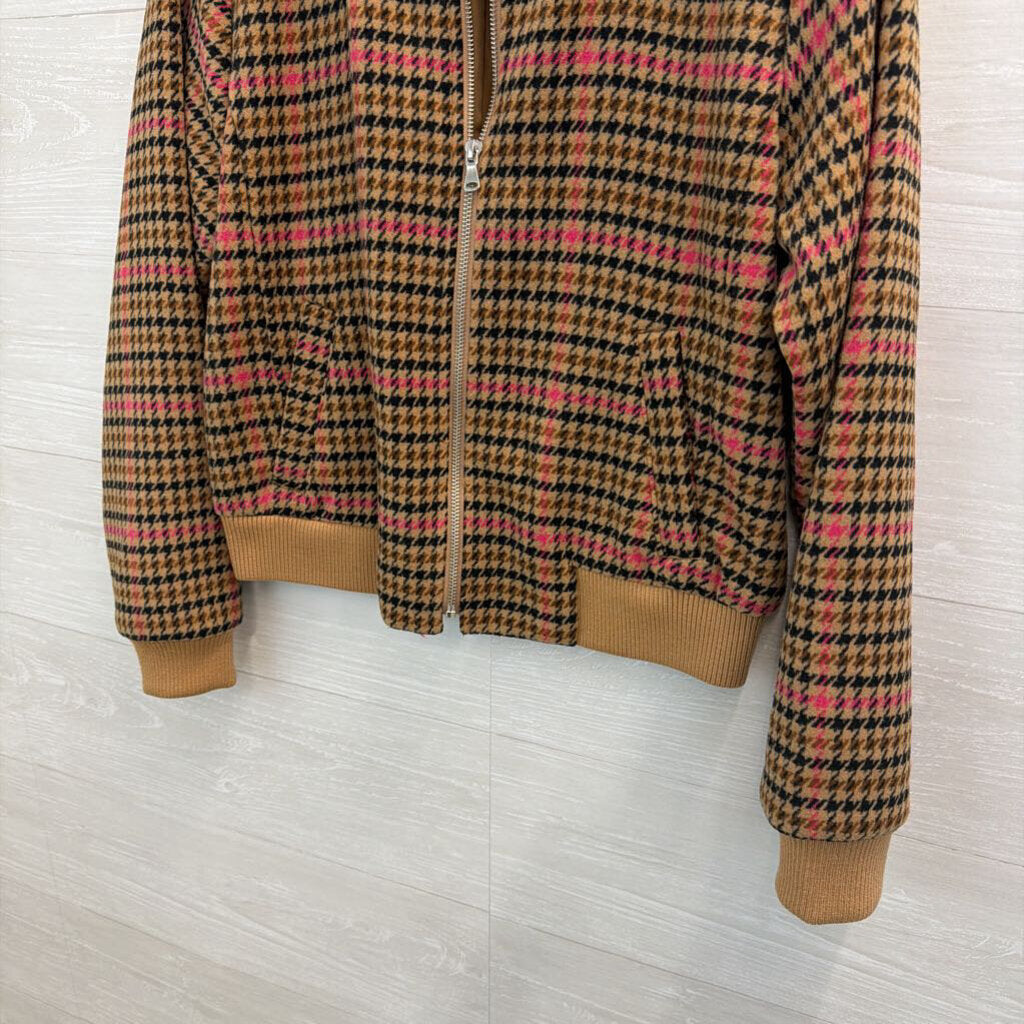 Loft Brown/ Pink Houndstooth Zip Up Bomber Jacket Extra Small