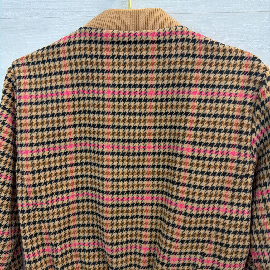 Loft Brown/ Pink Houndstooth Zip Up Bomber Jacket Extra Small