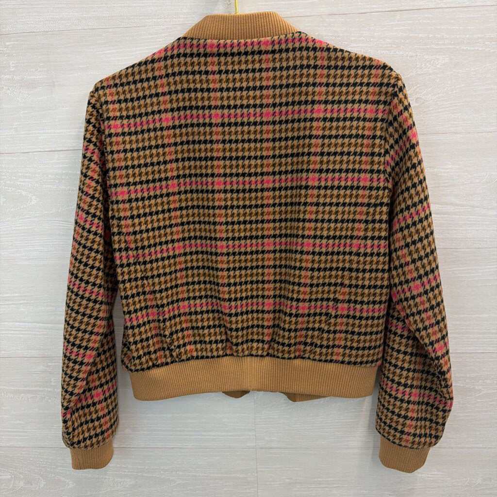 Loft Brown/ Pink Houndstooth Zip Up Bomber Jacket Extra Small