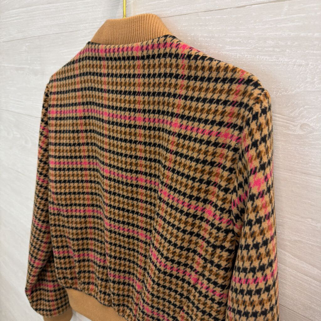 Loft Brown/ Pink Houndstooth Zip Up Bomber Jacket Extra Small