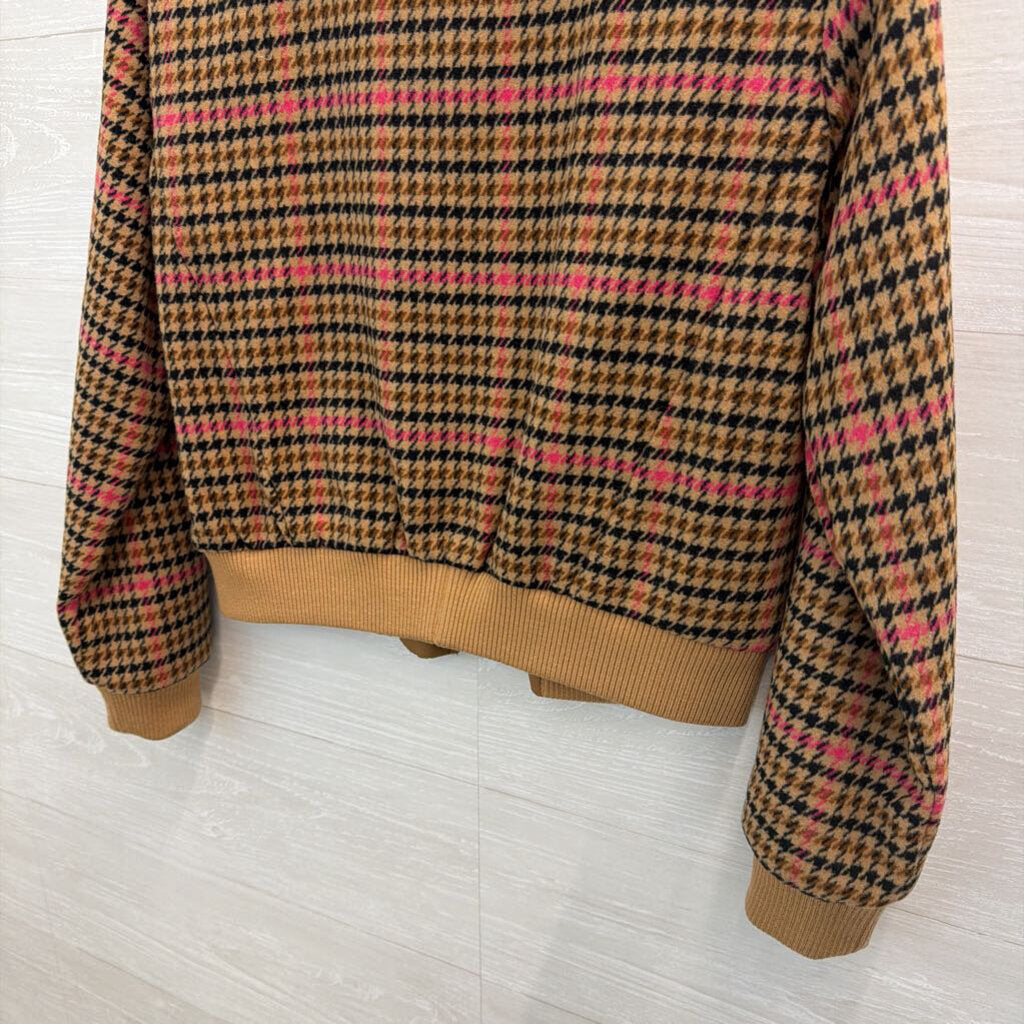 Loft Brown/ Pink Houndstooth Zip Up Bomber Jacket Extra Small