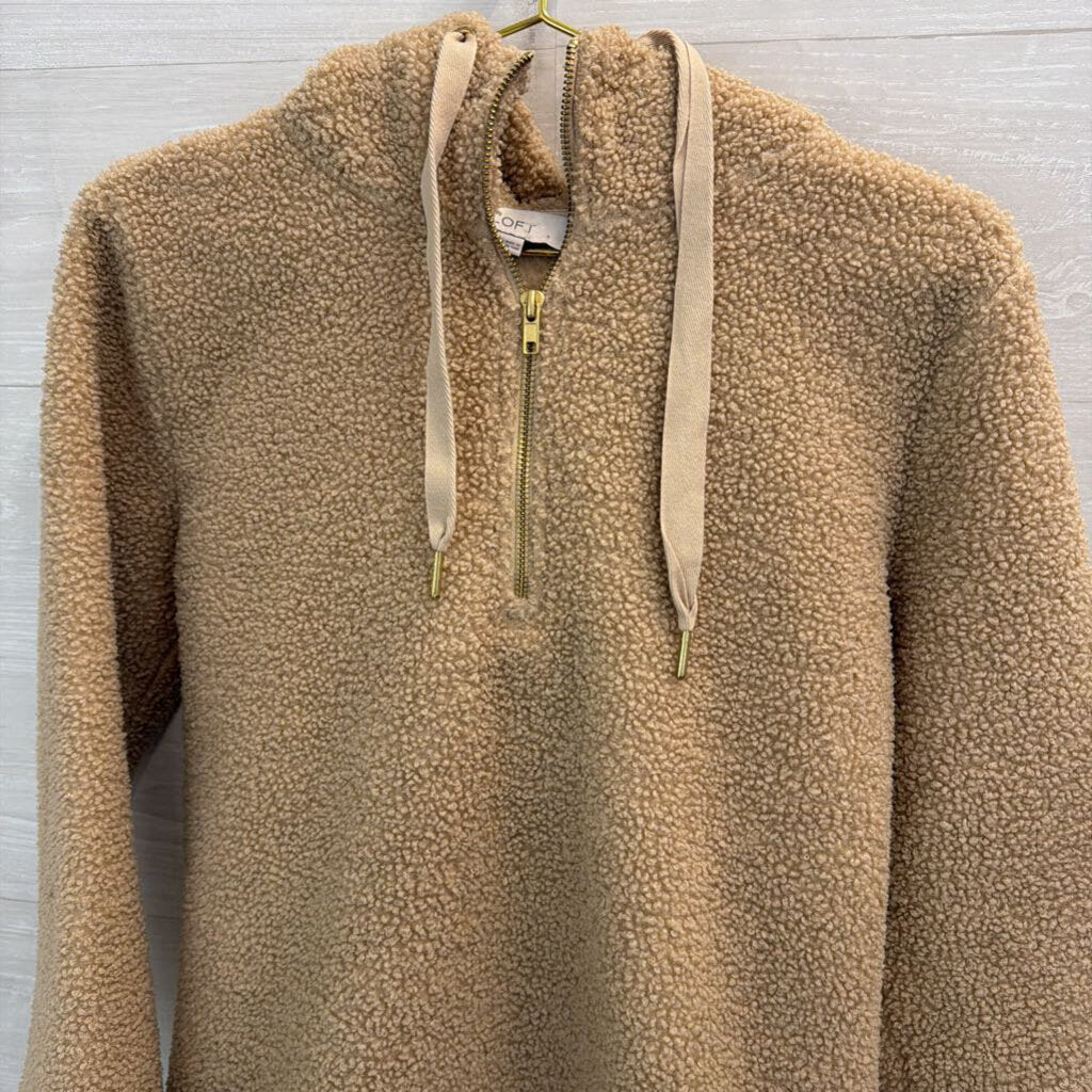 Loft Brown Soft Teddy Quarter Zip Hooded Pullover Small