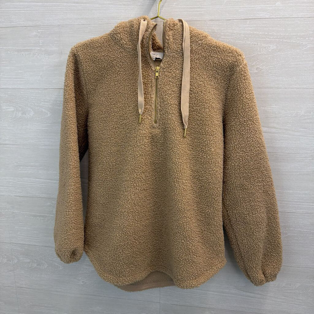 Loft Brown Soft Teddy Quarter Zip Hooded Pullover Small