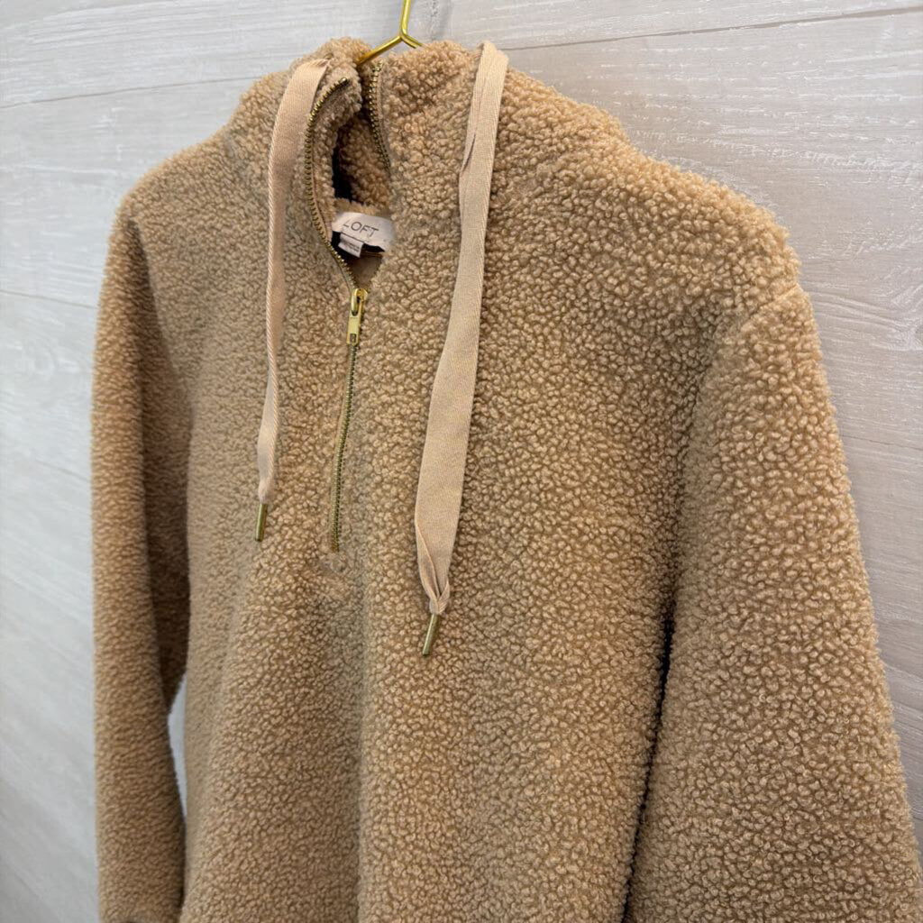 Loft Brown Soft Teddy Quarter Zip Hooded Pullover Small