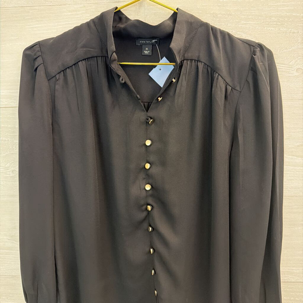 Ann Taylor Black Long Sleeve Gold Button Front Top Extra Small