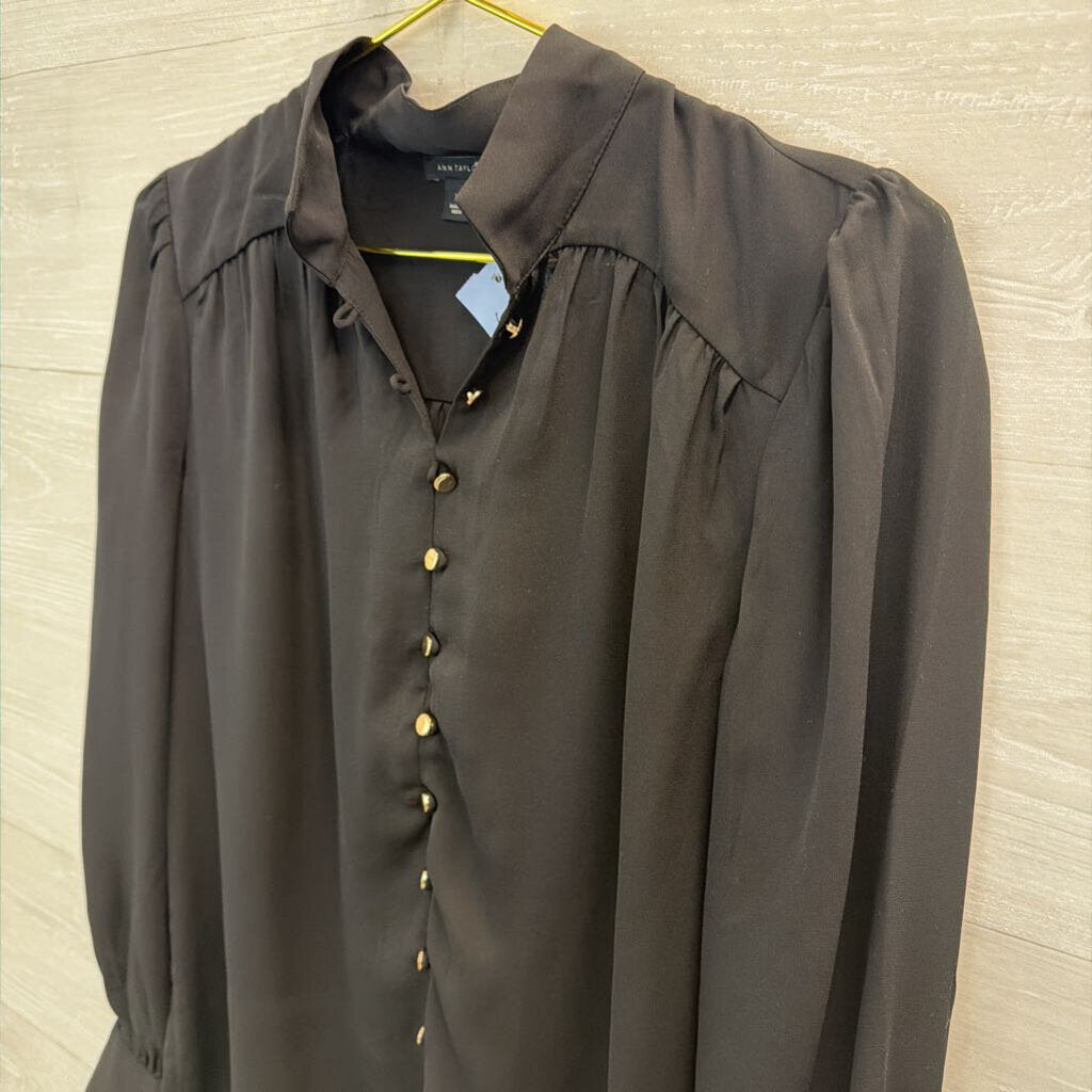 Ann Taylor Black Long Sleeve Gold Button Front Top Extra Small