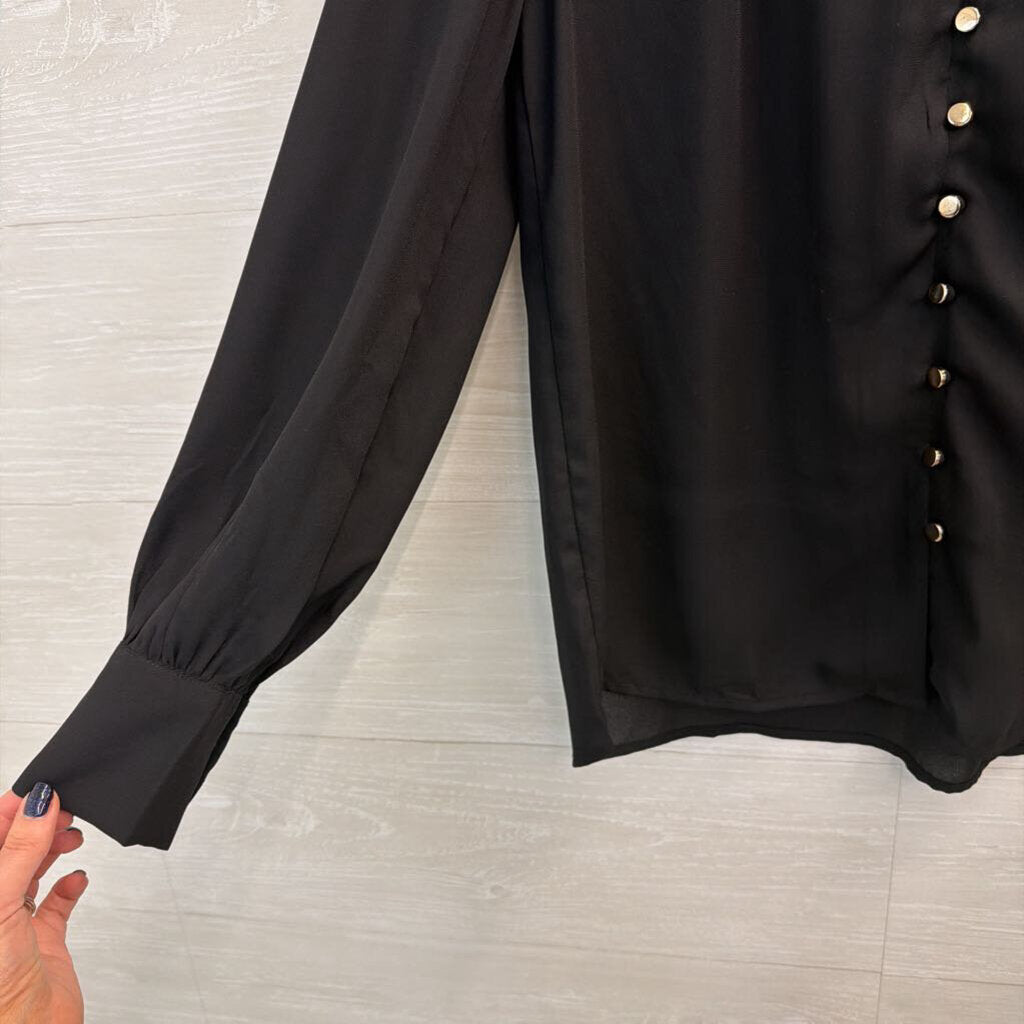 Ann Taylor Black Long Sleeve Gold Button Front Top Extra Small
