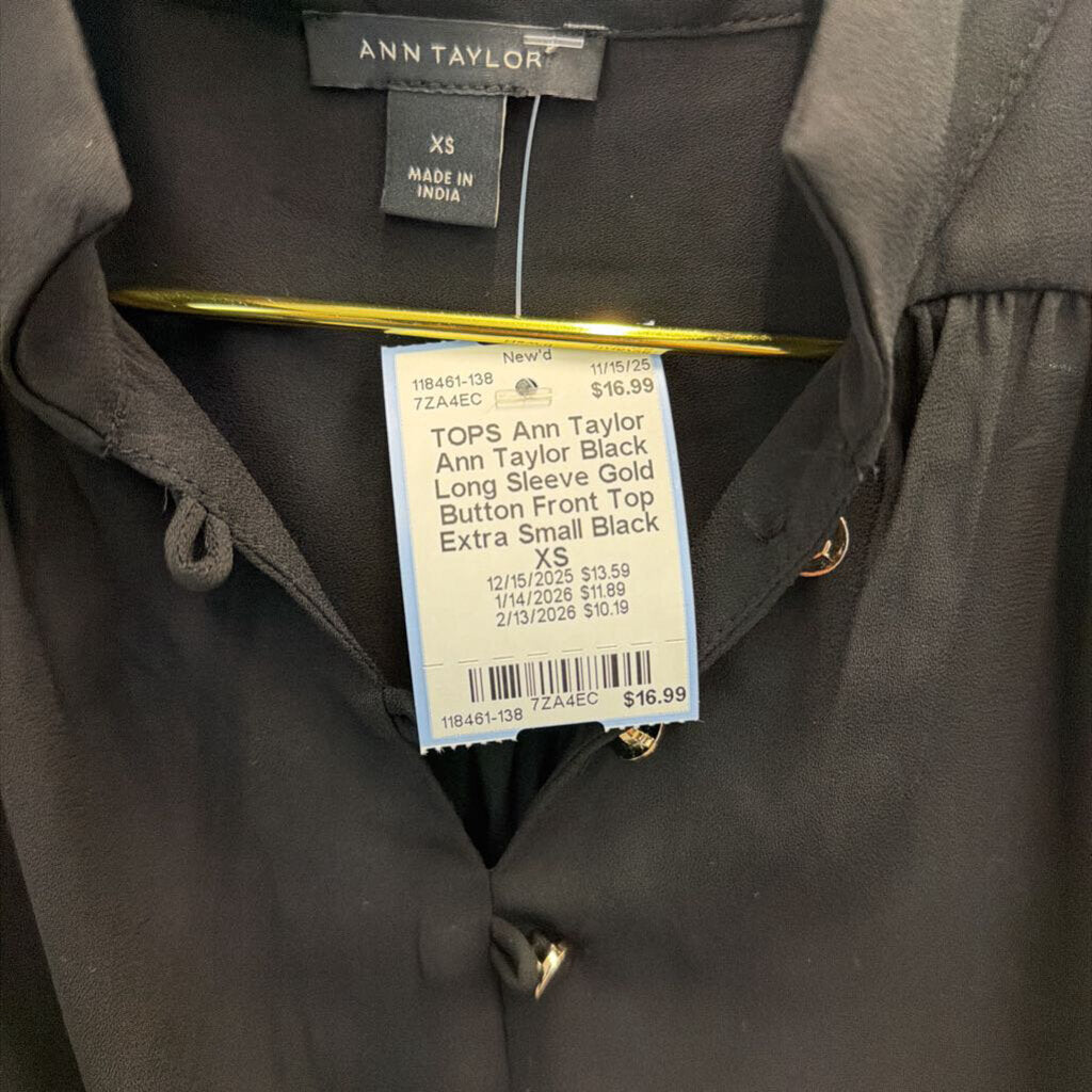 Ann Taylor Black Long Sleeve Gold Button Front Top Extra Small