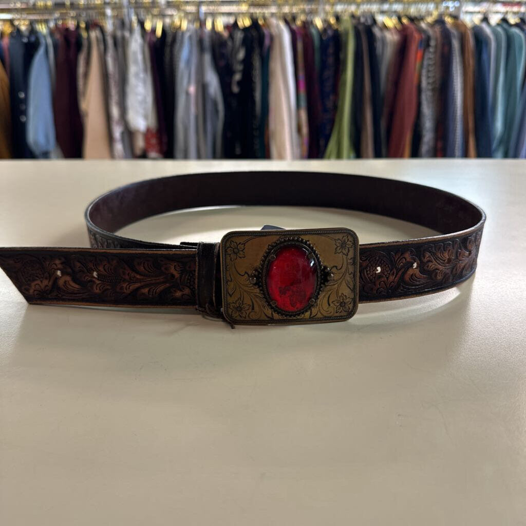 Brown Embossed Leather Gold/ Red Stone Medallion Buckle Belt Medium