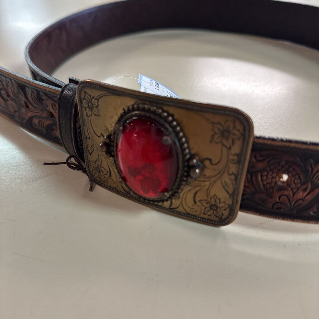 Brown Embossed Leather Gold/ Red Stone Medallion Buckle Belt Medium
