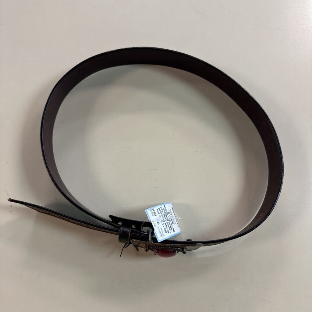 Brown Embossed Leather Gold/ Red Stone Medallion Buckle Belt Medium