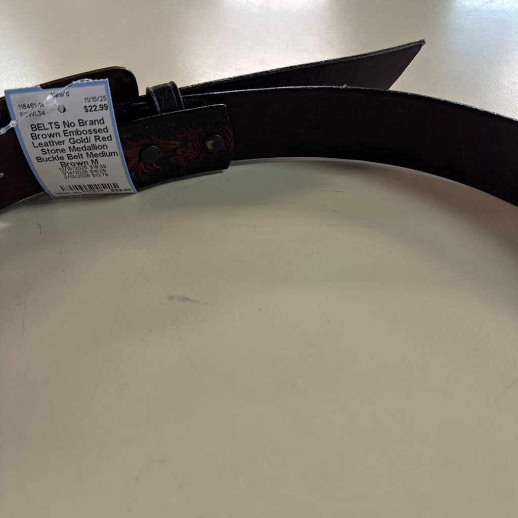 Brown Embossed Leather Gold/ Red Stone Medallion Buckle Belt Medium